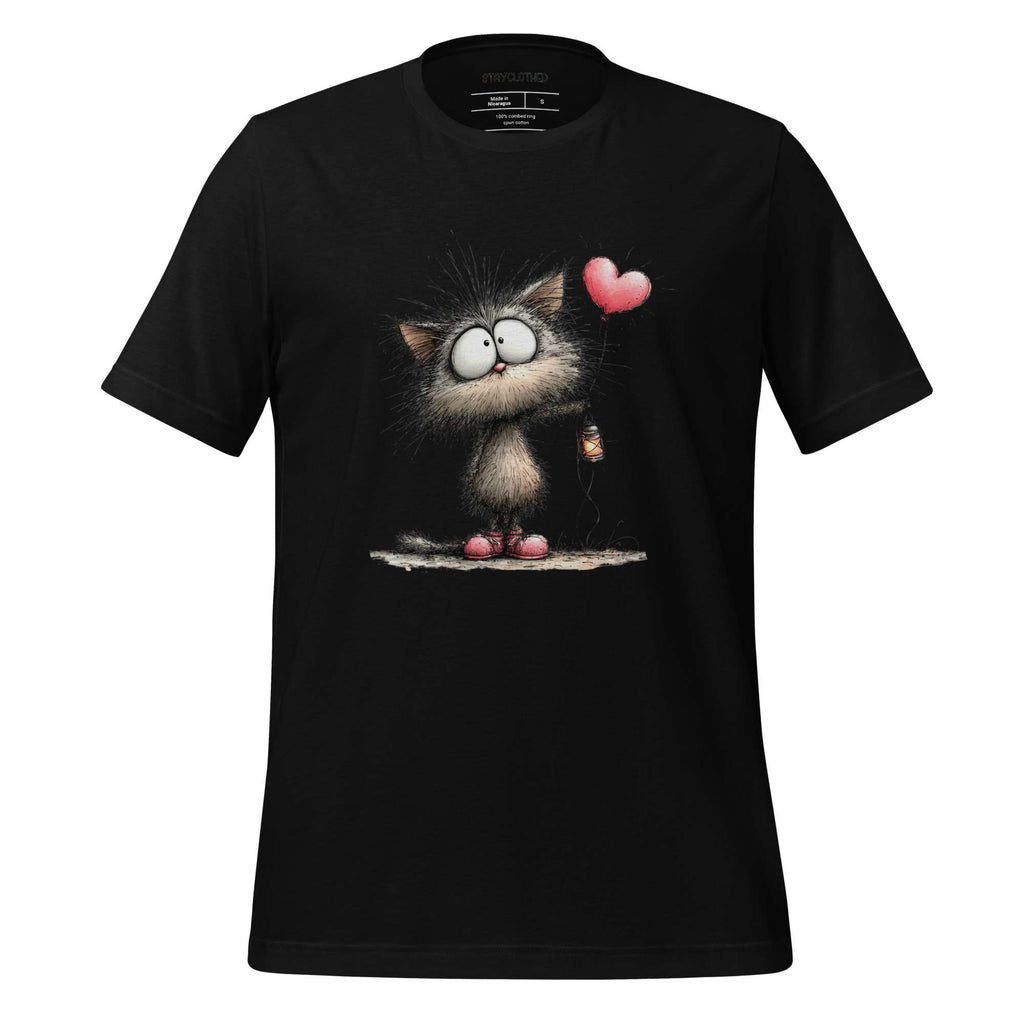 Black t-shirt with a cat graphic and 'StayClothed' branding on a wooden surface.