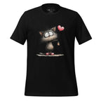 Black t-shirt with a cat graphic and 'StayClothed' branding on a wooden surface.
