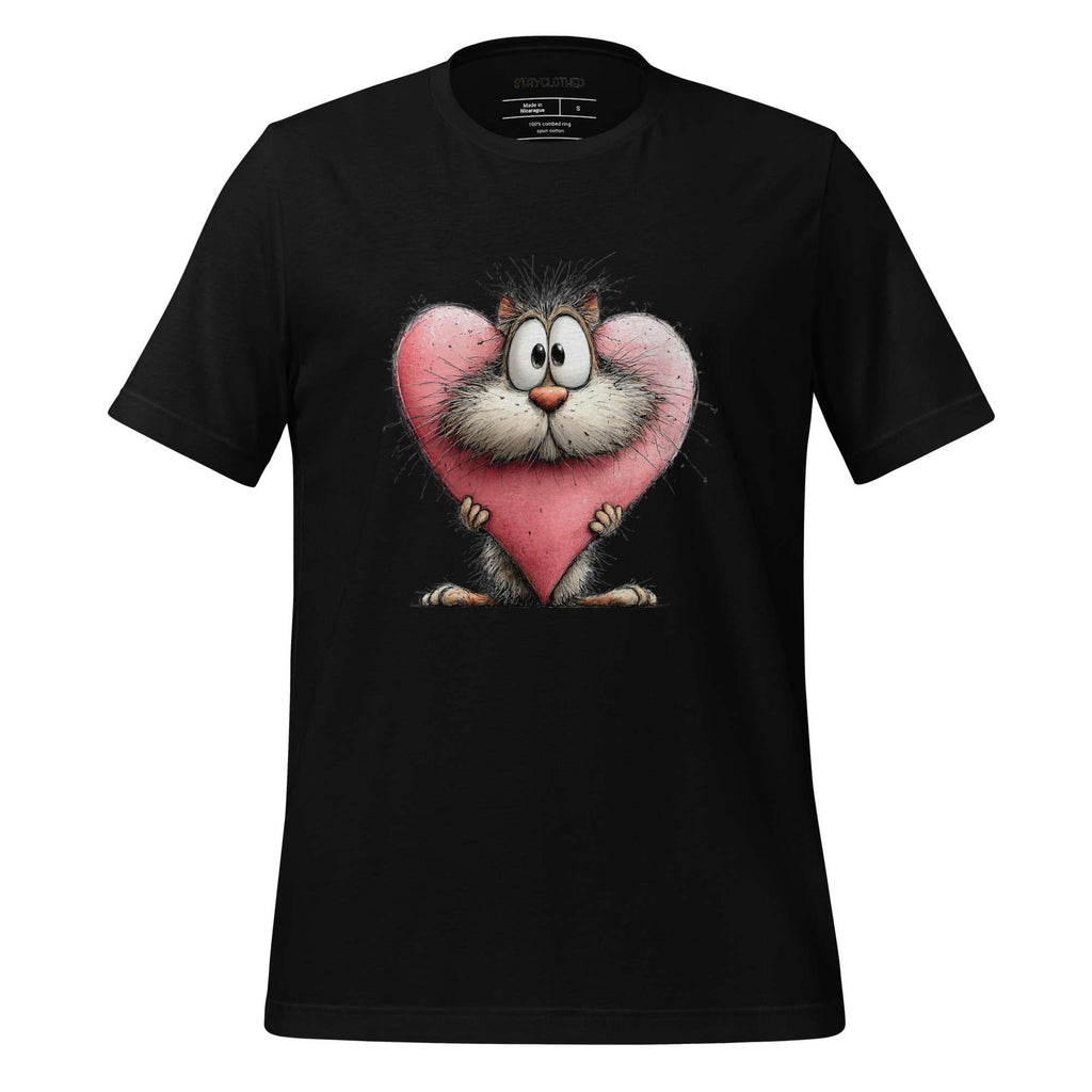 Black t-shirt with cartoon cat holding a pink heart on a wooden surface, featuring 'StayClothed' brand.