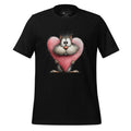 Black t-shirt with cartoon cat holding a pink heart on a wooden surface, featuring 'StayClothed' brand.