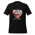 Black t-shirt with cartoon cat holding a pink heart on a wooden surface, featuring 'StayClothed' brand.