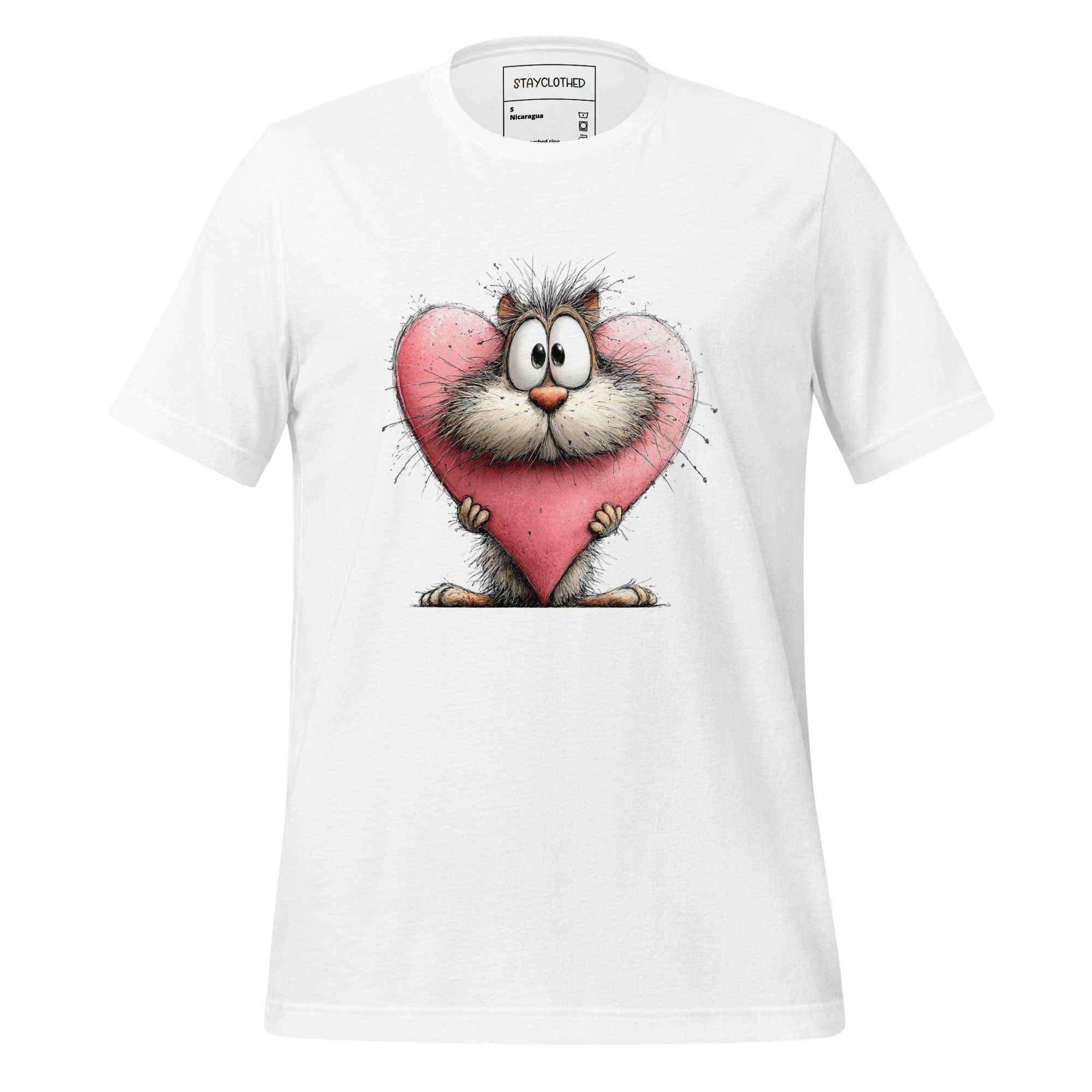 White t-shirt with cartoon cat holding a heart on a wooden surface, featuring 'StayClothed' brand.