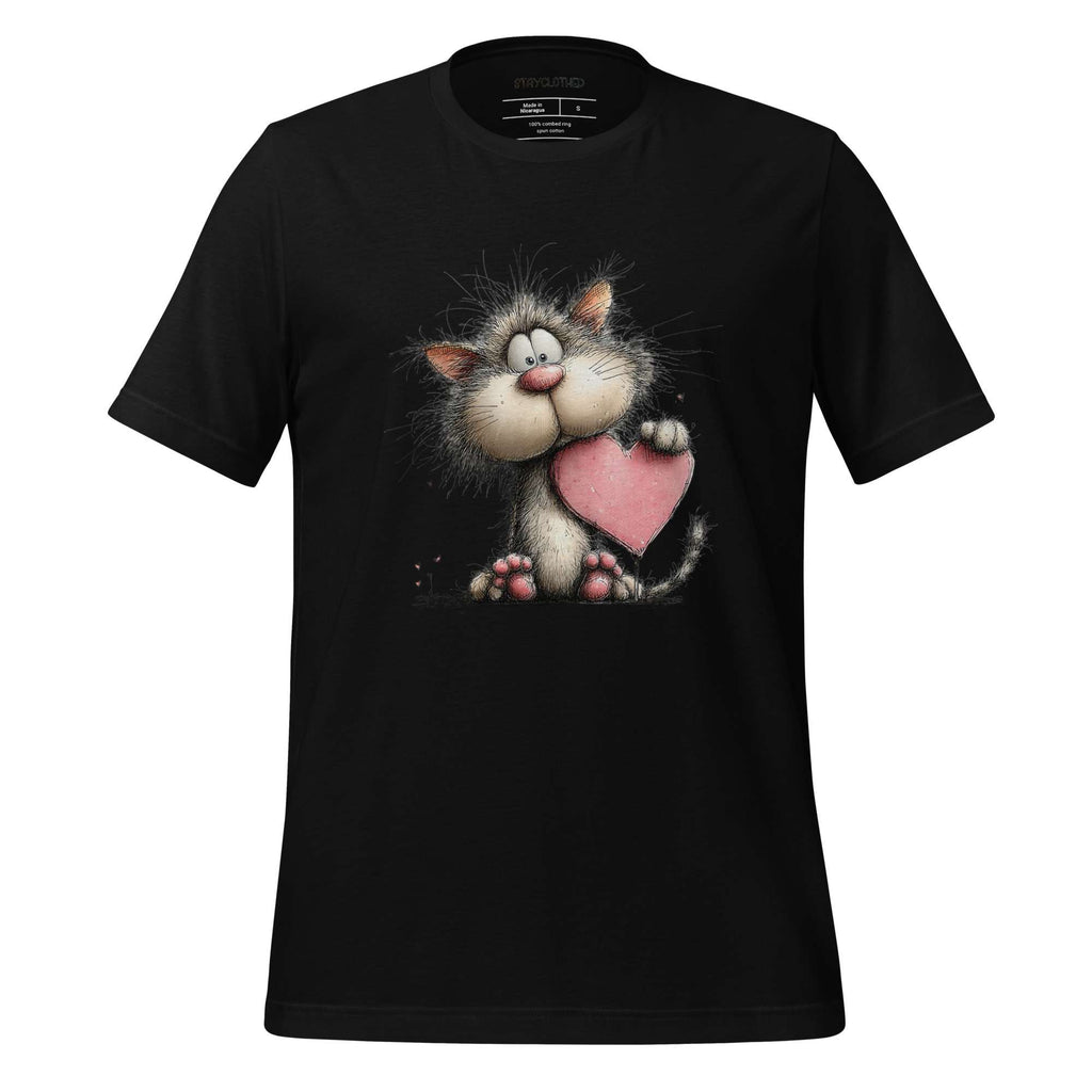 Black t-shirt with a cartoon cat holding a heart on a wooden surface, featuring the brand 'StayClothed'.