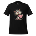 Black t-shirt with a cartoon cat holding a heart on a wooden surface, featuring the brand 'StayClothed'.