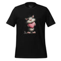 Black t-shirt with a cartoon cat holding a heart on a wooden surface, featuring the brand 'StayClothed'.