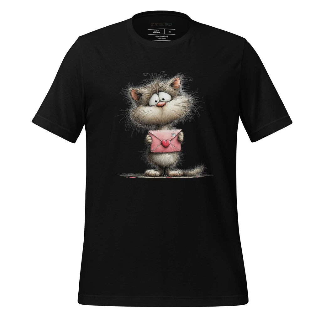 Black t-shirt with a cat holding a heart-shaped envelope on a wooden background, featuring the brand 'StayClothed'.