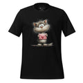 Black t-shirt with a cat holding a heart-shaped envelope on a wooden background, featuring the brand 'StayClothed'.