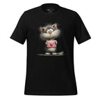 Black t-shirt with a cat holding a heart-shaped envelope on a wooden background, featuring the brand 'StayClothed'.