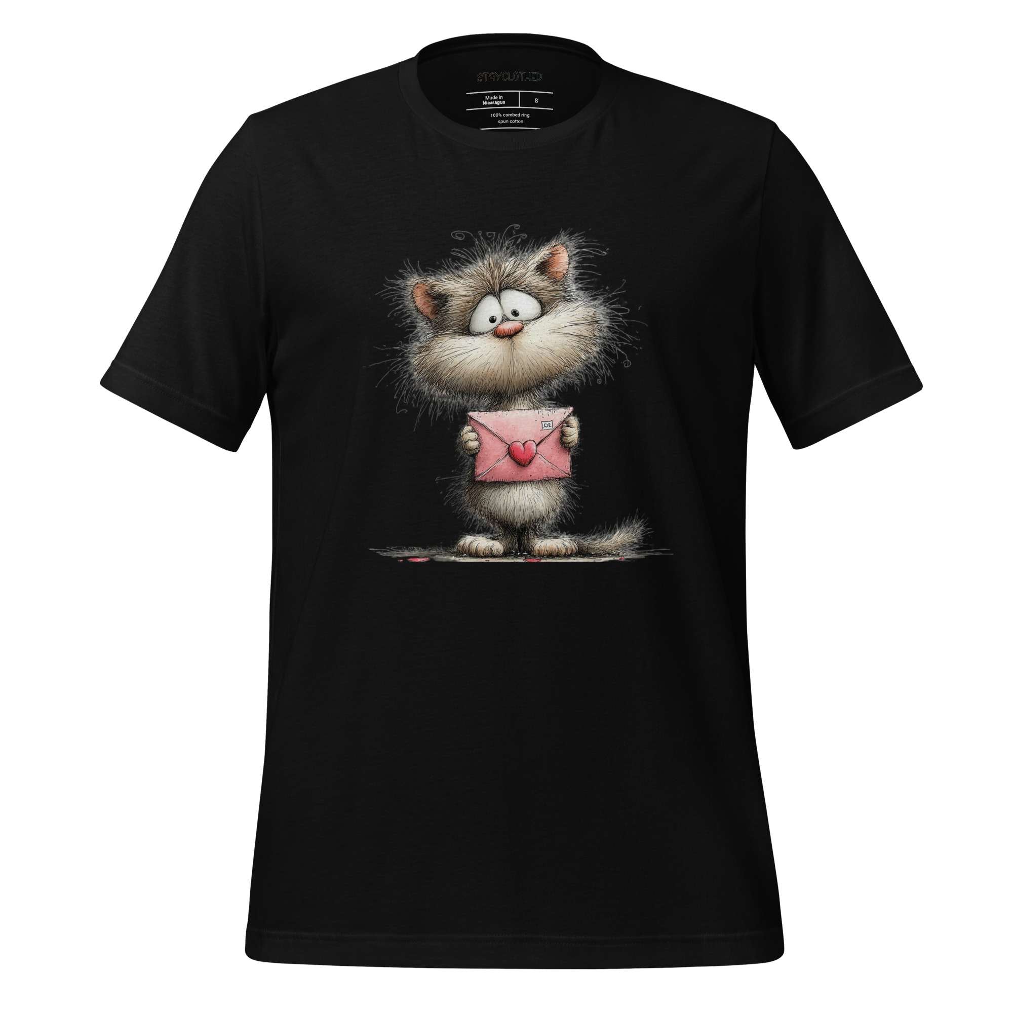 Black t-shirt with a cat holding a heart-shaped envelope on a wooden background, featuring the brand 'StayClothed'.