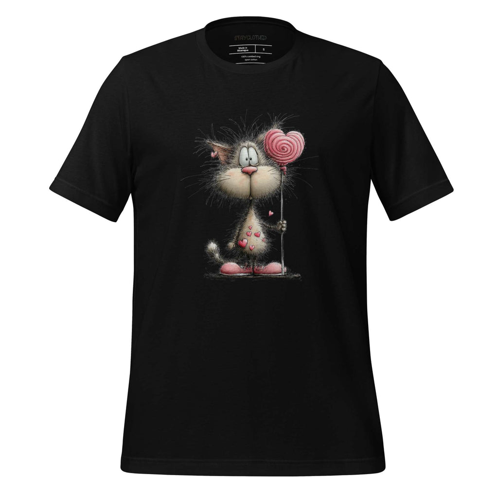 Black t-shirt with a cat holding a lollipop graphic on a wooden surface, featuring the brand 'StayClothed'.
