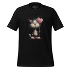 Black t-shirt with a cat holding a lollipop graphic on a wooden surface, featuring the brand 'StayClothed'.