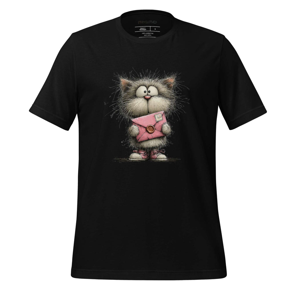 Black t-shirt with a cartoon cat design on a wooden surface, featuring the brand 'StayClothed'.