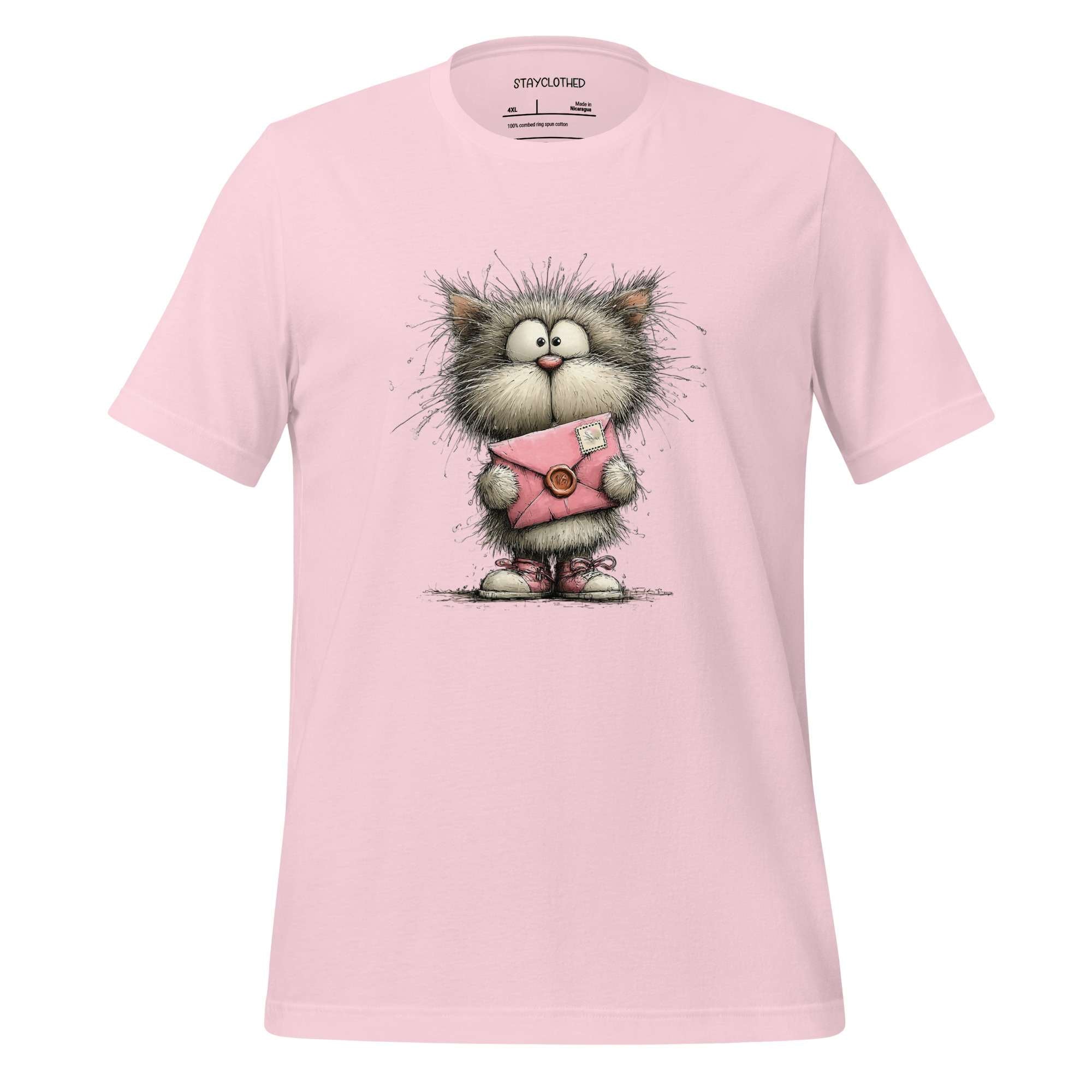 Pink t-shirt with a cat graphic on a wooden surface, featuring the brand 'StayClothed'.