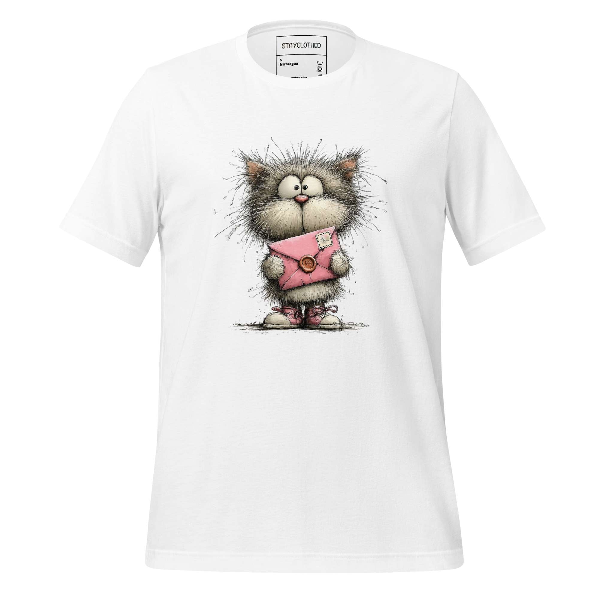 White t-shirt with a cartoon cat design on a wooden surface, featuring the brand 'StayClothed'.