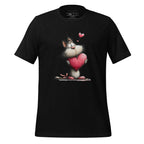 Black t-shirt with a cartoon cat holding a heart on a wooden surface, featuring the brand 'StayClothed'.