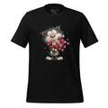Black t-shirt with a cartoon cat holding flowers on a wooden surface, featuring the brand 'StayClothed'.