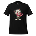 Black t-shirt with a cartoon cat holding flowers on a wooden surface, featuring the brand 'StayClothed'.
