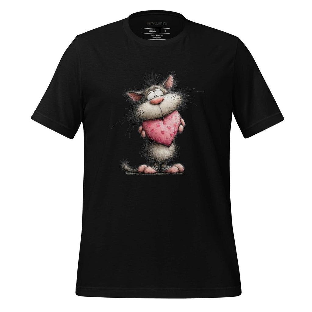 Black t-shirt with a cat holding a pink heart on a wooden surface, featuring the brand 'StayClothed'.