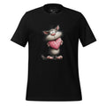 Black t-shirt with a cat holding a pink heart on a wooden surface, featuring the brand 'StayClothed'.