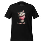 Black t-shirt with a cat holding a pink heart on a wooden surface, featuring the brand 'StayClothed'.