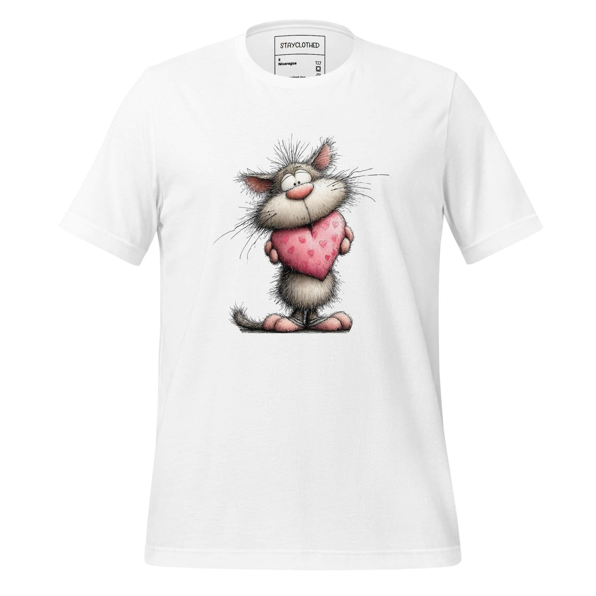 White t-shirt with cartoon cat holding a heart on a wooden surface, featuring 'StayClothed' brand.