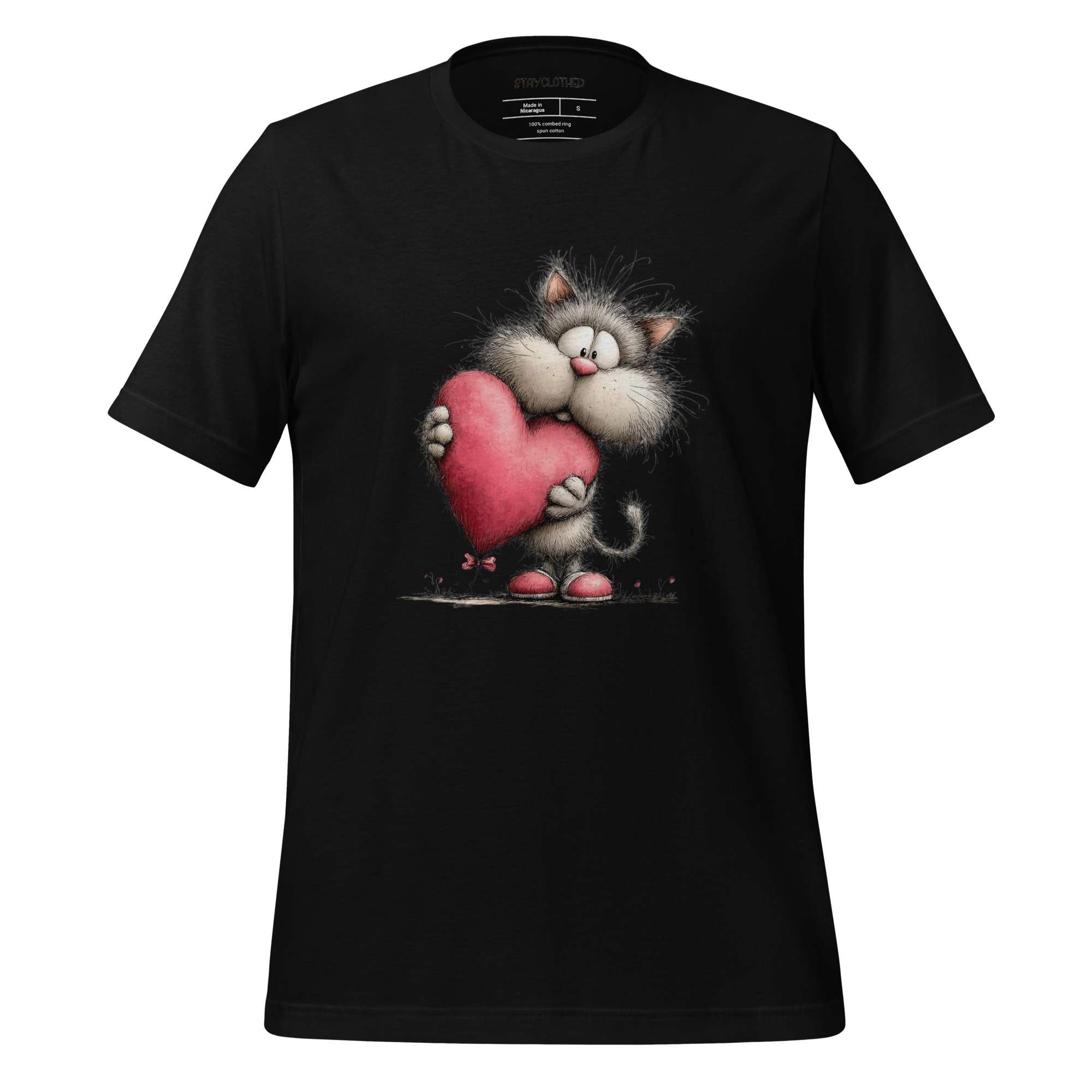 Cat Hugging Large Red Heart T-Shirt - Valentine's Day Love & Embrace by StayClothed.com