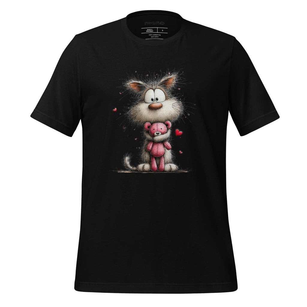 Black t-shirt with a cartoon cat design on a white background
