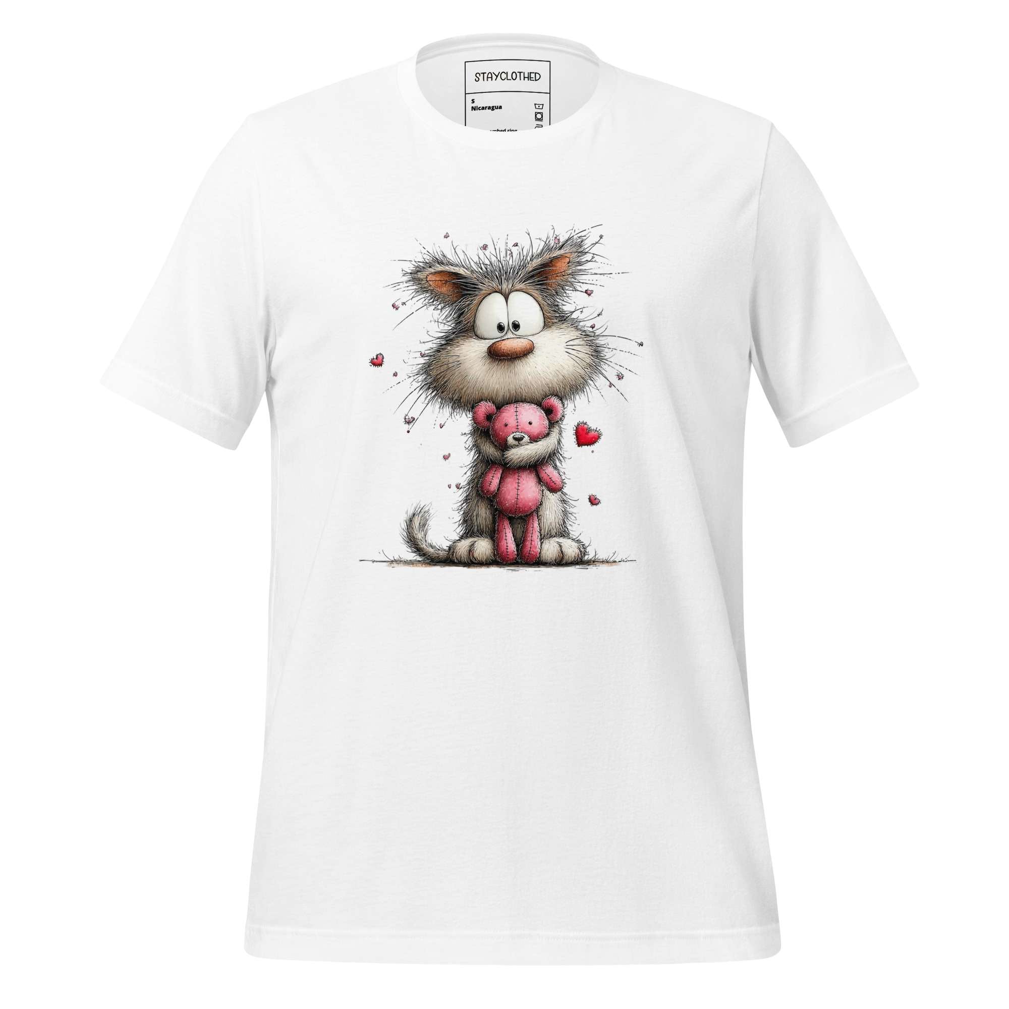 White t-shirt with a cartoon cat holding a pink teddy bear on a white background