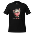 Black t-shirt with a cat holding a heart graphic on a wooden surface, featuring the brand 'StayClothed'.
