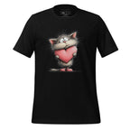 Black t-shirt with a cat holding a heart graphic on a wooden surface, featuring the brand 'StayClothed'.