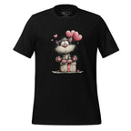 Black t-shirt with a cartoon cat design on a wooden surface, featuring the brand 'StayClothed'.
