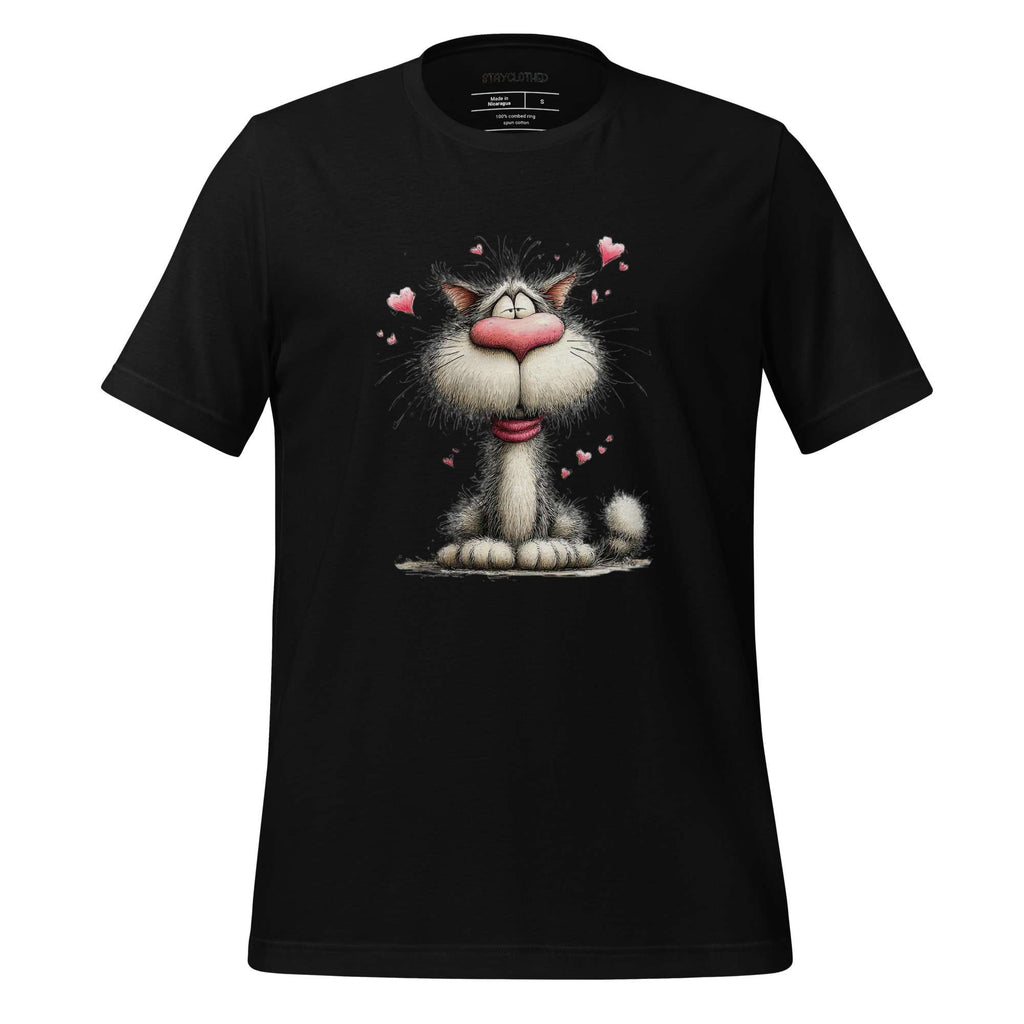 Black t-shirt with a cat graphic on a wooden surface, featuring the brand 'StayClothed'.
