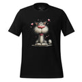 Black t-shirt with a cat graphic on a wooden surface, featuring the brand 'StayClothed'.