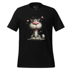 Black t-shirt with a cat graphic on a wooden surface, featuring the brand 'StayClothed'.