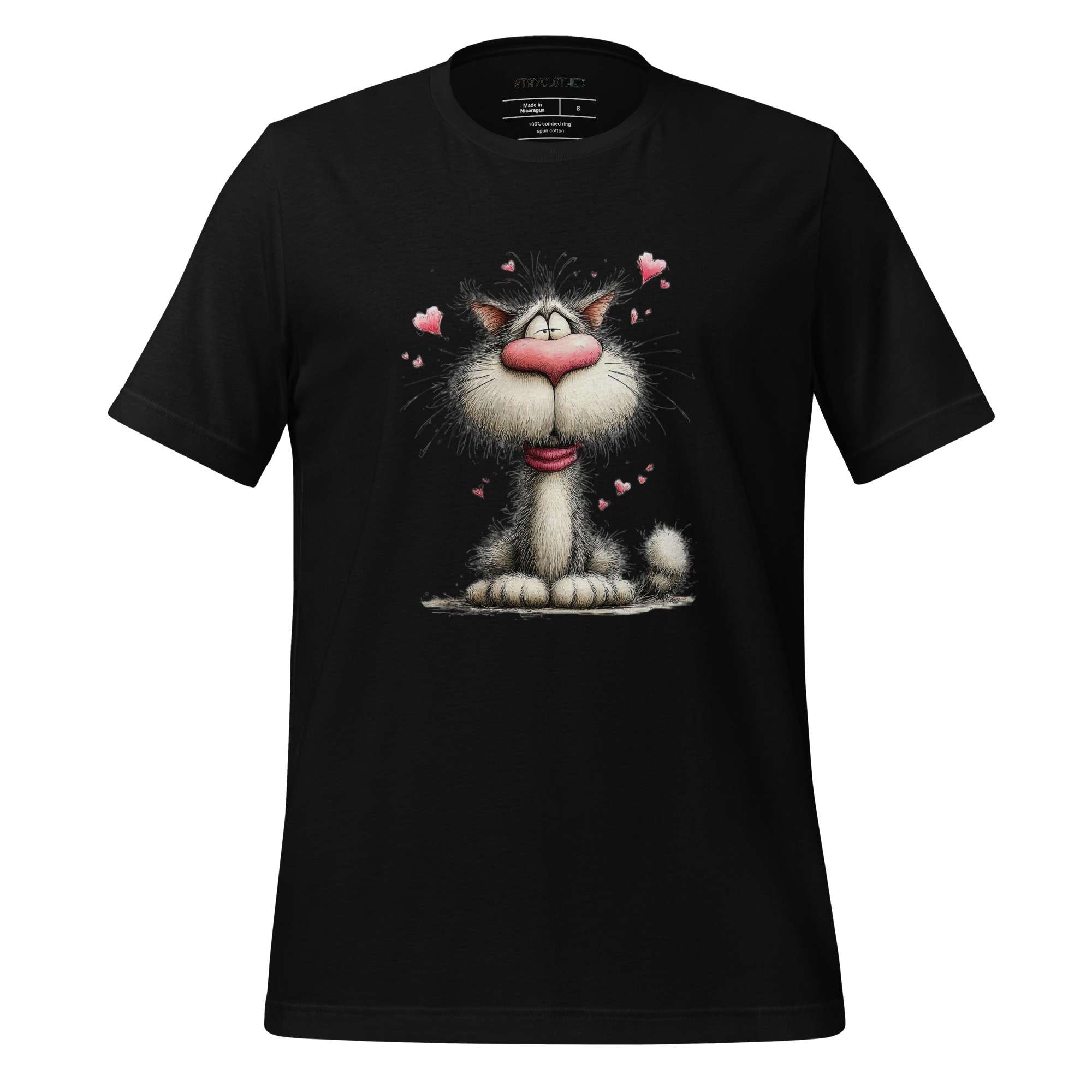Black t-shirt with a cat graphic on a wooden surface, featuring the brand 'StayClothed'.