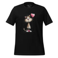 Black t-shirt with a cat holding a heart balloon design on a wooden surface, featuring the brand 'StayClothed'.