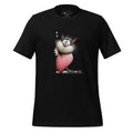 Black t-shirt with cartoon cat holding a pink heart on a wooden surface, featuring 'StayClothed' brand.