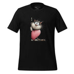 Black t-shirt with cartoon cat holding a pink heart on a wooden surface, featuring 'StayClothed' brand.