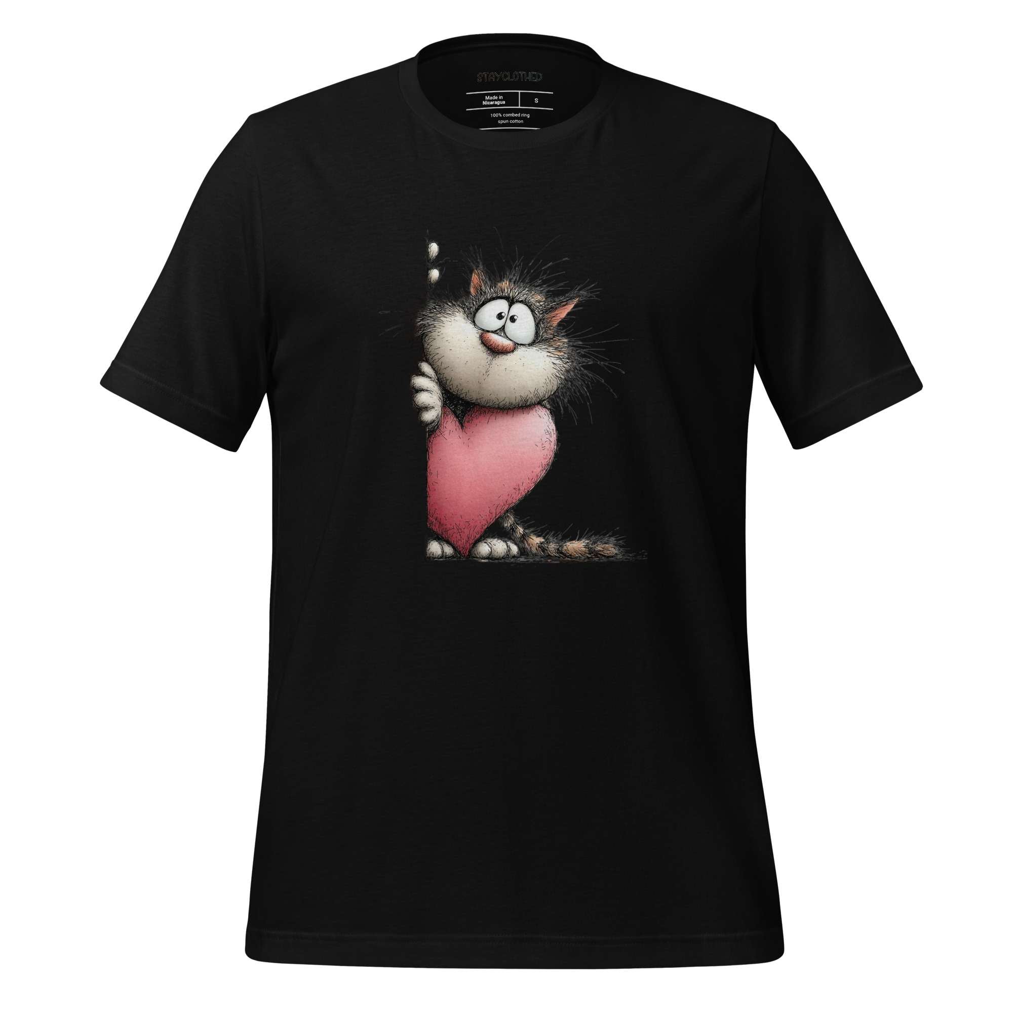 Black t-shirt with cartoon cat holding a pink heart on a wooden surface, featuring 'StayClothed' brand.