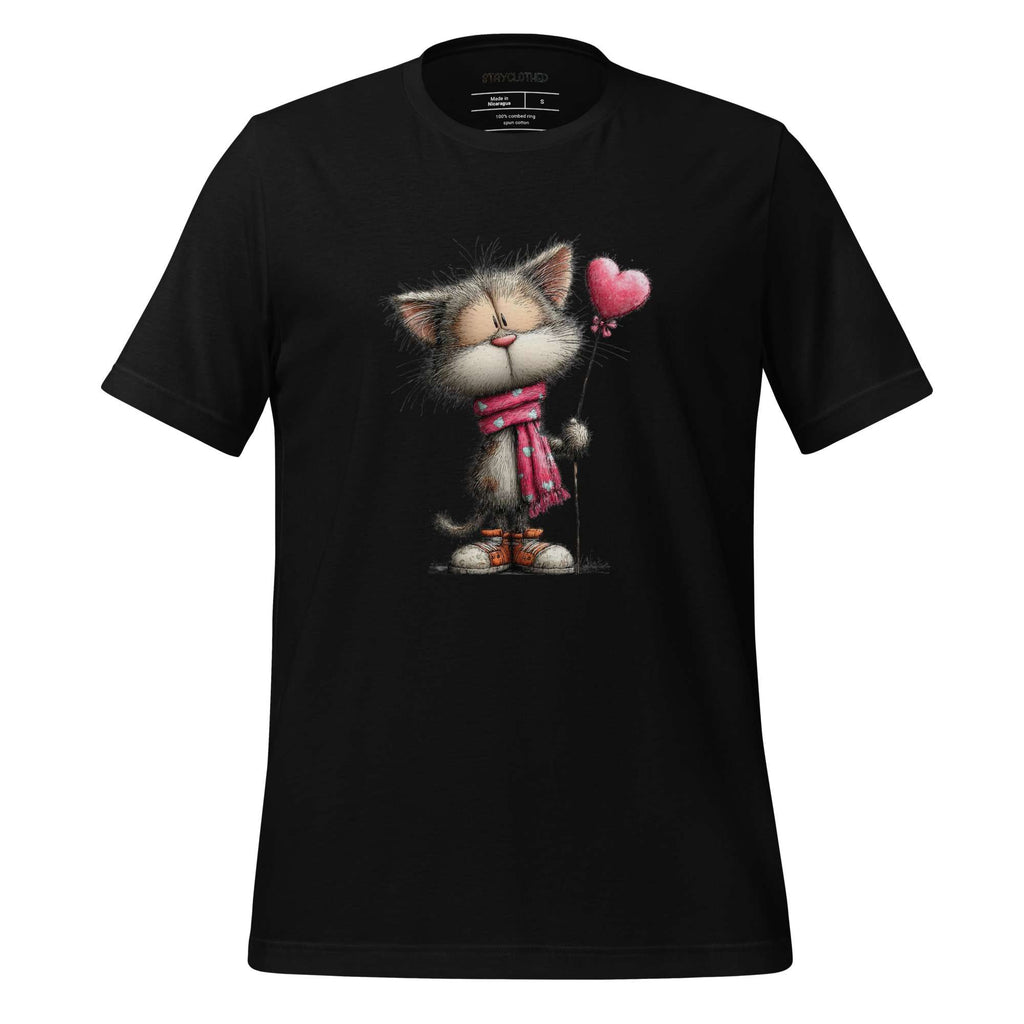 Black t-shirt with a cat holding a heart-shaped balloon design on a wooden background, featuring the brand 'StayClothed'.