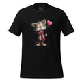 Black t-shirt with a cat holding a heart-shaped balloon design on a wooden background, featuring the brand 'StayClothed'.