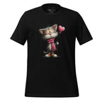 Black t-shirt with a cat holding a heart-shaped balloon design on a wooden background, featuring the brand 'StayClothed'.