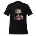 Black t-shirt with a cat graphic on a wooden surface, featuring the brand 'StayClothed'.