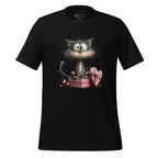 Black t-shirt with a cat graphic on a wooden surface, featuring the brand 'StayClothed'.