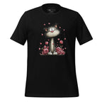 Black t-shirt with a cat and flower design on a wooden surface, featuring the brand 'StayClothed'.
