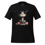 Black t-shirt with a cat graphic on a wooden surface, featuring the brand 'StayClothed'.