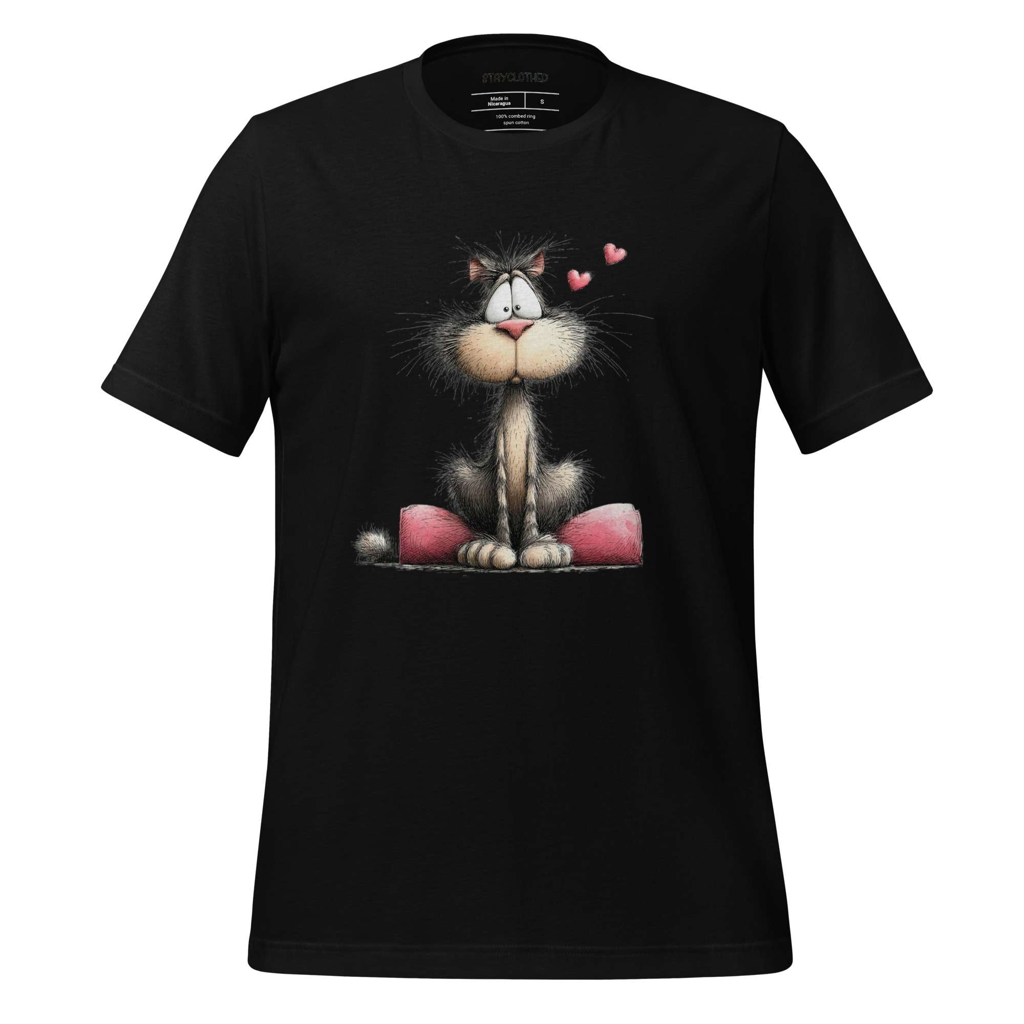 Black t-shirt with a cat graphic on a wooden surface, featuring the brand 'StayClothed'.