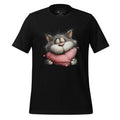 Black t-shirt with a cat holding a pink heart on a wooden surface, featuring the brand 'StayClothed'.