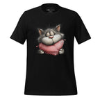 Black t-shirt with a cat holding a pink heart on a wooden surface, featuring the brand 'StayClothed'.