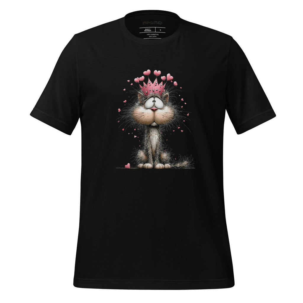 Black t-shirt with a cat graphic and 'StayClothed' branding on a wooden surface.